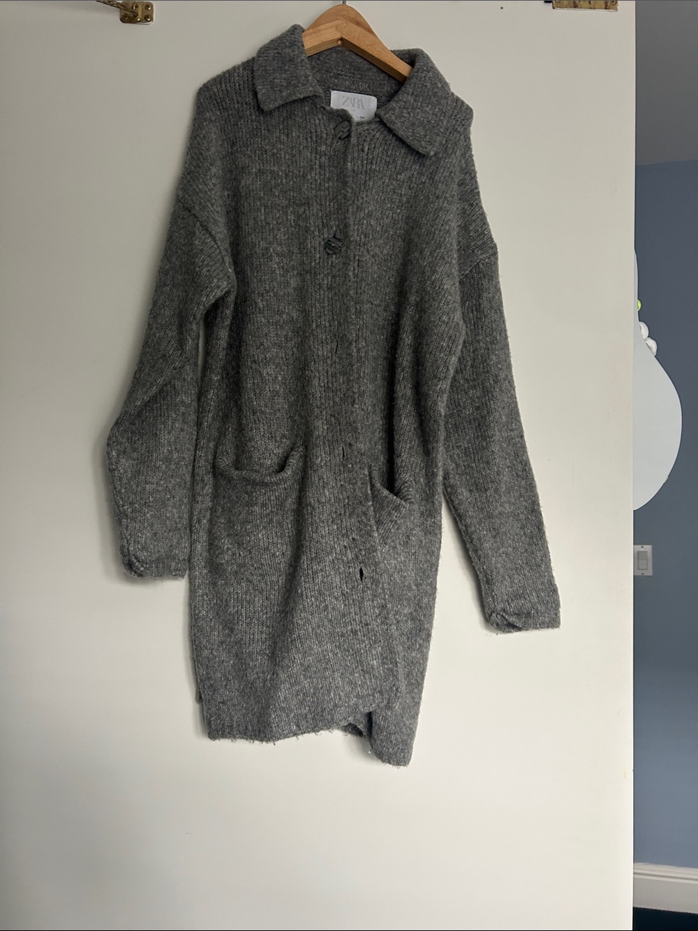 Zara kids Gray Ribbed Long Knit Cardigan Coat with Collar size 8